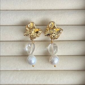 Sculptural Gold Pearl Crystal Statement Earrings